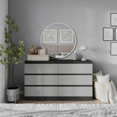 B&Q -  Urbnliving 120Cm Width Black Wooden Chest Of Grey 6 Drawers Bedroom Furniture Storage Bedside Table Modern Cabinet