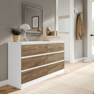 Urbn-Living Urbnliving 120Cm Width White Wooden Chest Of Oak 6 Drawers Bedroom Furniture Storage Bedside Table Modern Cabinet from B&Q