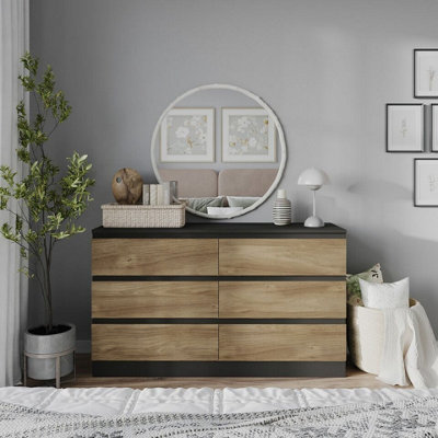 Urbn-Living Urbnliving 120Cm Width Black Wooden Chest Of Oak 6 Drawers Bedroom Furniture Storage Bedside Table Modern Cabinet from B&Q