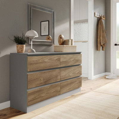 Urbn-Living Urbnliving 120Cm Width Grey Wooden Chest Of Oak 6 Drawers Bedroom Furniture Storage Bedside Table Modern Cabinet from B&Q