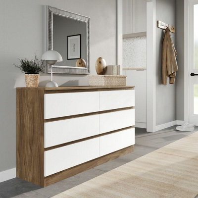 Urbn-Living Urbnliving 120Cm Width Oak Wooden Chest Of White 6 Drawers Bedroom Furniture Storage Bedside Table Modern Cabinet from B&Q