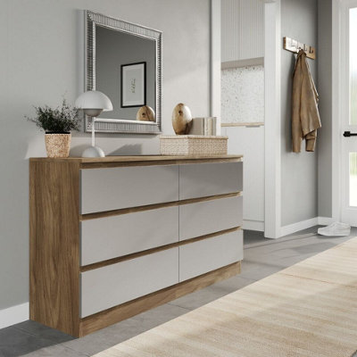 Urbn-Living Grey Width Oak Wooden Chest Of 6 Drawers Bedroom Furniture Storage Bedside Table Modern Cabinet 120Cm