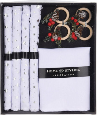 Urbn-Living Urbnliving 12 Pcs Washable Christmas White Silver Placemat & Napkin Ring Set Festive Acorn Berries Decor from B&Q