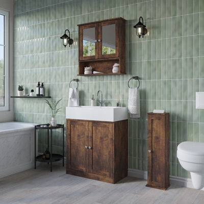 Urbn-Living Urbnliving 3Pcs Rustic Brown Wood Bathroom Unit Under Sink Cabinet Mirror Cupboard Toilet Paper Dispenser Set from B&Q
