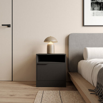 B&Q -  Urbnliving 49.5Cm Height 1-Door Bedside Black Table Cabinet Nightstand Storage Shelf Unit Bedroom Furniture