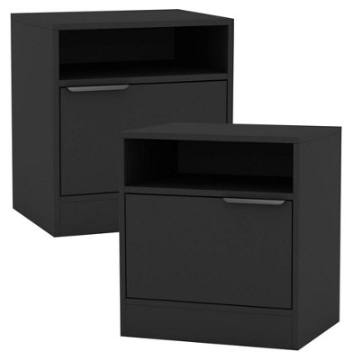 B&Q -  Urbnliving 49.5Cm Height 2 Pcs 1-Door Bedside Black Table Cabinet Nightstand Storage Shelf Unit Bedroom Furniture