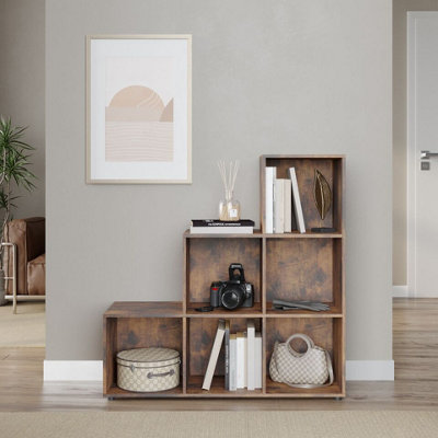 Urbn-Living Urbnliving 90.5Cm Height 6 Cube Step Storage Rustic Brown Bookcase Unit Shelf Home Office Organiser Display Box from B&Q