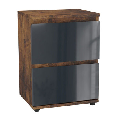 Urbn-Living Urbnliving 49Cm Height Glossy 2 Drawers Bedside Cabinet Chest Of Drawers With Smooth Metal Runner Rustic Brown & Grey from B&Q