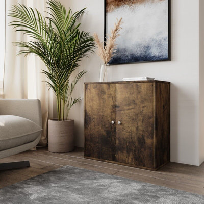 B&Q -  Urbnliving Height 60Cm 2 Tier Wooden Storage Cabinet Side Furniture Color Rustic Brown With Door Cupboard Bedroom Hallway Shelf