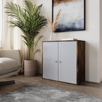 B&Q -  Urbnliving Height 60Cm 2 Tier Wooden Storage Cabinet Side Furniture Color Rustic Brown With White Door Cupboard Bedroom Hallway