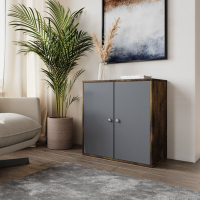 B&Q -  Urbnliving Height 60Cm 2 Tier Wooden Storage Cabinet Side Furniture Color Rustic Brown With Grey Door Cupboard Bedroom Hallway