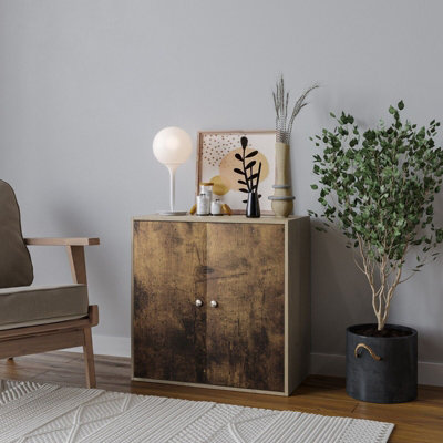 B&Q -  Urbnliving Height 60Cm 2 Tier Wooden Storage Cabinet Side Furniture Color Oak With Rustic Brown Door Cupboard Bedroom Hallway