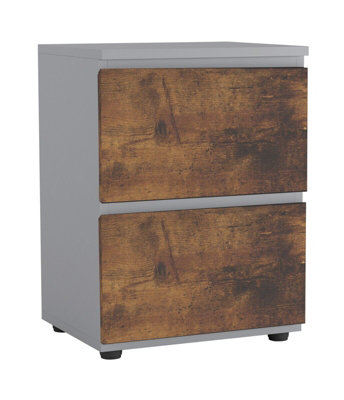 B&Q -  Urbnliving Height 49Cm 2 Drawer Wooden Bedroom Bedside Cabinet Colour Grey Carcass And Rustic Brown Drawers No Handle Nightstand