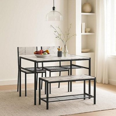 Urbn-Living 4-Piece Wooden Dining Set With Metal Frame Table, 2 Chairs & Bench - White Marble