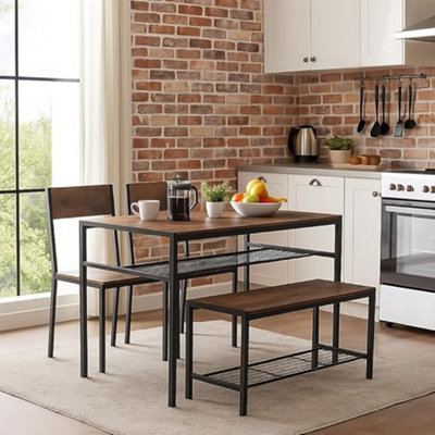 Urbn-Living 4-Piece Wooden Dining Set With Metal Frame Table, 2 Chairs & Bench - Rustic Brown