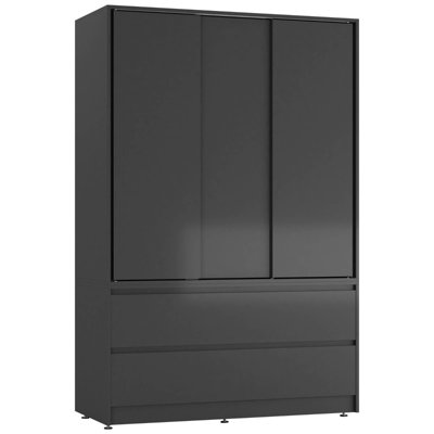 Urbn-Living Urbnliving 180Cm Height Black Carcass 3 Sliding Black Door With 4 Black Drawer Wardrobe Clothes Storage Hanging Rail Bedroom from B&Q