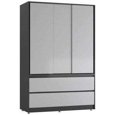B&Q -  Urbnliving 180Cm Height Black Carcass 3 Sliding Grey Door With 4 Grey Drawer Wardrobe Clothes Storage Hanging Rail Bedroom