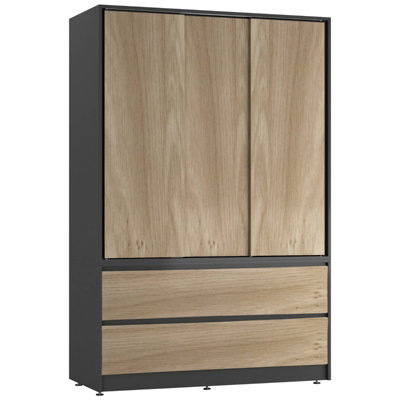 Urbn-Living Urbnliving 180Cm Height Black Carcass 3 Sliding Oak Door With 4 Oak Drawer Wardrobe Clothes Storage Hanging Rail Bedroom from B&Q