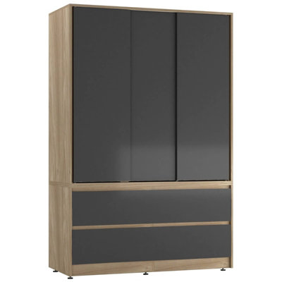 Urbn-Living Urbnliving 180Cm Height Oak Carcass 3 Sliding Black Door With 4 Black Drawer Wardrobe Clothes Storage Hanging Rail Bedroom from B&Q