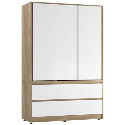 Urbn-Living Urbnliving 180Cm Height Oak Carcass 3 Sliding White Door With 4 White Drawer Wardrobe Clothes Storage Hanging Rail Bedroom from B&Q