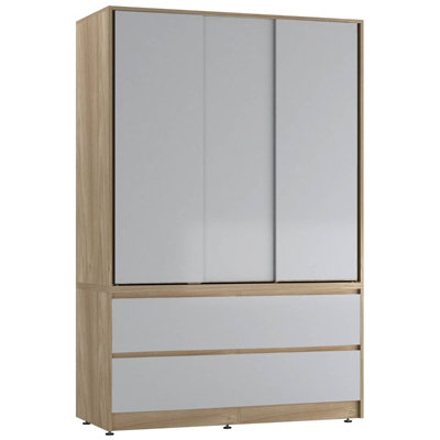 Urbn-Living Urbnliving 180Cm Height Oak Carcass 3 Sliding Grey Door With 4 Grey Drawer Wardrobe Clothes Storage Hanging Rail Bedroom from B&Q