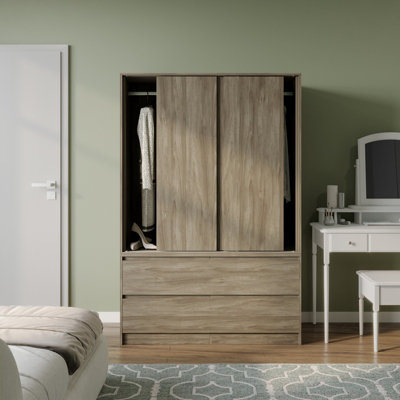 Urbn-Living Urbnliving 180Cm Height Oak Carcass 3 Sliding Oak Door With 4 Oak Drawer Wardrobe Clothes Storage Hanging Rail Bedroom from B&Q