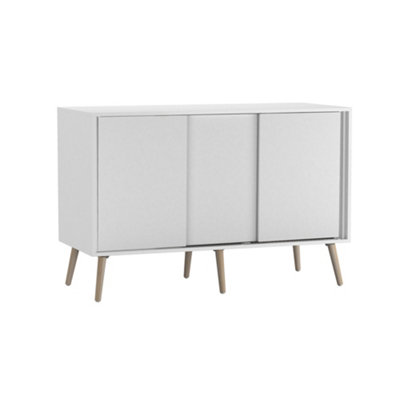 B&Q -  Urbnliving 3-Door Sliding Cabinet Sideboard White Carcass With White Doors Storage Organiser Home Cupboard Pine Wooden Legs