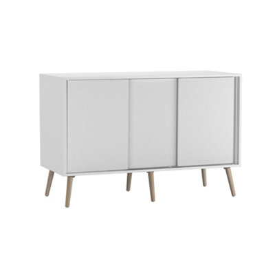 B&Q -  Urbnliving 3-Door Sliding Cabinet Sideboard White Carcass With White Doors Storage Organiser Home Cupboard Beech Wooden Legs