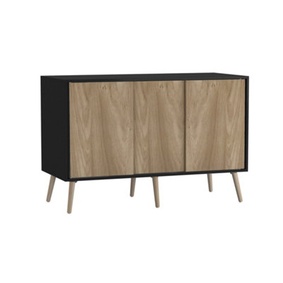 B&Q -  Urbnliving 3-Door Sliding Cabinet Sideboard Black Carcass With Oak Doors Storage Organiser Home Cupboard Pine Wooden Legs