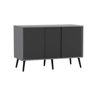 Urbn-Living 3-Door Sliding Cabinet Sideboard Carcass With Doors Storage Organiser Home Cupboard Wooden Legs Grey/Black