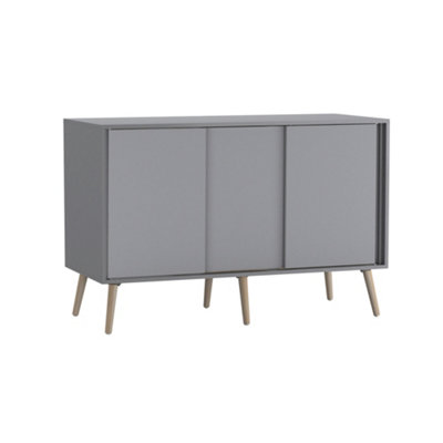 B&Q -  Urbnliving 3-Door Sliding Cabinet Sideboard Grey Carcass With Grey Doors Storage Organiser Home Cupboard Pine Wooden Legs