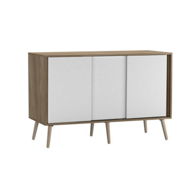 B&Q -  Urbnliving 3-Door Sliding Cabinet Sideboard Oak Carcass With White Doors Storage Organiser Home Cupboard Pine Wooden Legs