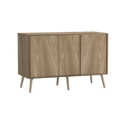 B&Q -  Urbnliving 3-Door Sliding Cabinet Sideboard Oak Carcass With Oak Doors Storage Organiser Home Cupboard Beech Wooden Legs