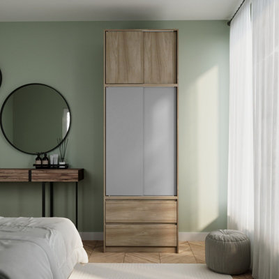 Urbn-Living Urbnliving 240Cm Height Oak Carcass With 2 Sliding Grey Doors Wardrobe Bedroom Storage Closet Hanging Rail Cupboard Unit from B&Q