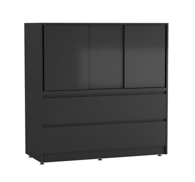B&Q -  Urbnliving 120Cm Height 3 Sliding Door 4 Drawer Black  Bedside Cabinet Storage End Unit Bedroom Furniture