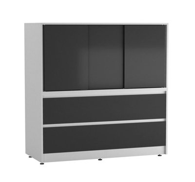 B&Q -  Urbnliving 120Cm Height White With 3 Sliding Black Door 4 Drawer  Bedside Cabinet Storage End Unit Bedroom Furniture