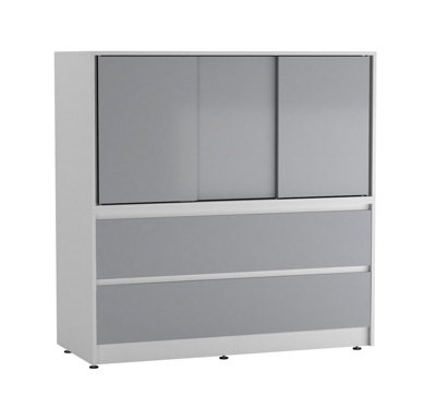 B&Q -  Urbnliving 120Cm Height White With 3 Sliding Grey Door 4 Drawer  Bedside Cabinet Storage End Unit Bedroom Furniture