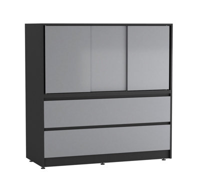 B&Q -  Urbnliving 120Cm Height Black With 3 Sliding Grey Door 4 Drawer  Bedside Cabinet Storage End Unit Bedroom Furniture