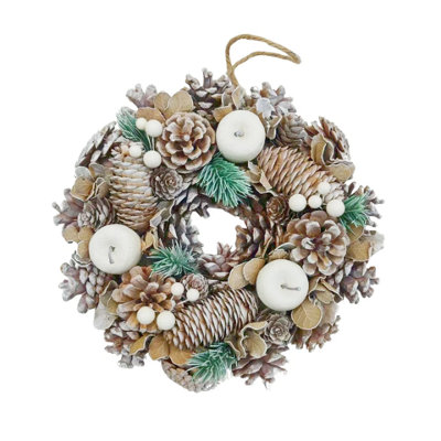 Urbn-Living Urbnliving 25Cm Frosted White Christmas Wreath Festive Decoration With Jute Hanger Traditional Pinecone Décor from B&Q