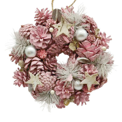 Urbn-Living Urbnliving 25Cm Pink & Silver Christmas Wreath Festive Decoration With Jute Hanger Traditional Pinecone Décor from B&Q