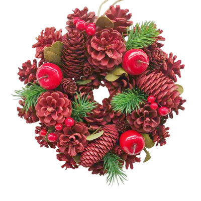 B&Q -  Urbnliving 34Cm Red Apple & Berry  Christmas Wreath Festive Decoration With Jute Hanger Traditional Pinecone Décor