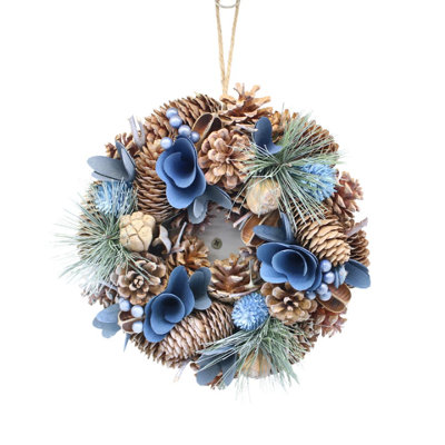 Urbn-Living Urbnliving 25Cm Blue & Brown Christmas Wreath Festive Decoration With Jute Hanger Traditional Pinecone Décor from B&Q