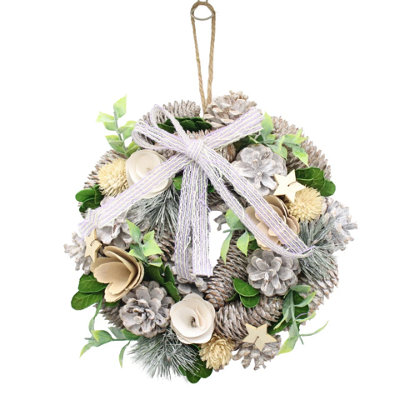 Urbn-Living Urbnliving 34Cm CreamSilver & Green Wreath Festive Decoration With Jute Hanger Traditional Pinecone Décor from B&Q