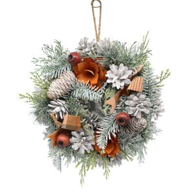 Urbn-Living Urbnliving 25Cm  Orange & White Christmas Wreath Festive Decoration With Jute Hanger Traditional Pinecone Décor from B&Q