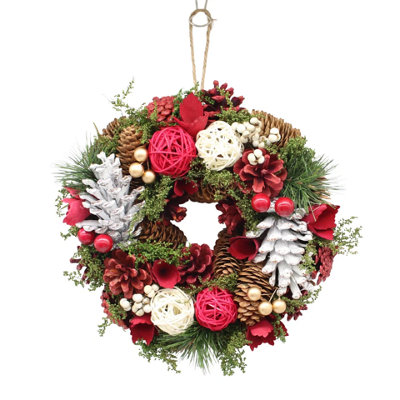 B&Q -  Urbnliving 34Cm RedWhite & Green Wreath Festive Decoration With Jute Hanger Traditional Pinecone Décor