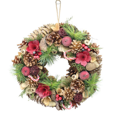 Urbn-Living Urbnliving 34Cm Candy Cane Wreath Festive Decoration With Jute Hanger Traditional Pinecone Décor from B&Q