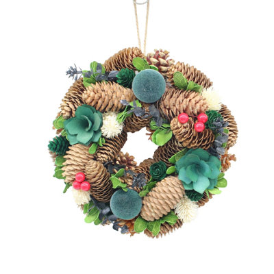 Urbn-Living Urbnliving 25Cm Teal Green Christmas Wreath Festive Decoration With Jute Hanger Traditional Pinecone Décor from B&Q