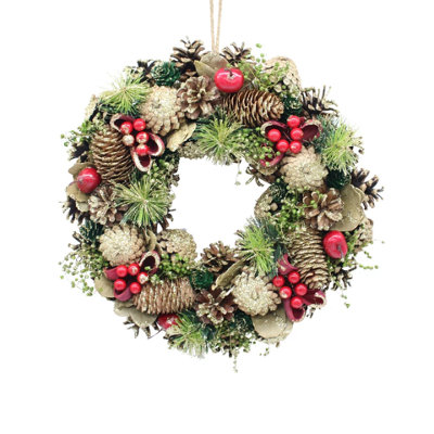 B&Q -  Urbnliving 34Cm RedGreen & Gold Glitter  Wreath Festive Decoration With Jute Hanger Traditional Pinecone Décor