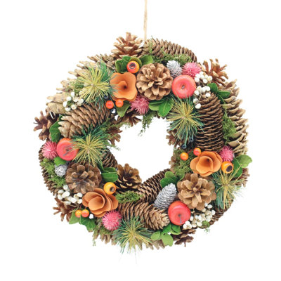 Urbn-Living Urbnliving 34Cm Autumn Orange Wreath Festive Decoration With Jute Hanger Traditional Pinecone Décor from B&Q