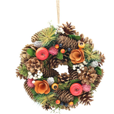 Urbn-Living Orange Autumn Christmas Wreath Festive Decoration With Jute Hanger Traditional Pinecone Décor 25Cm